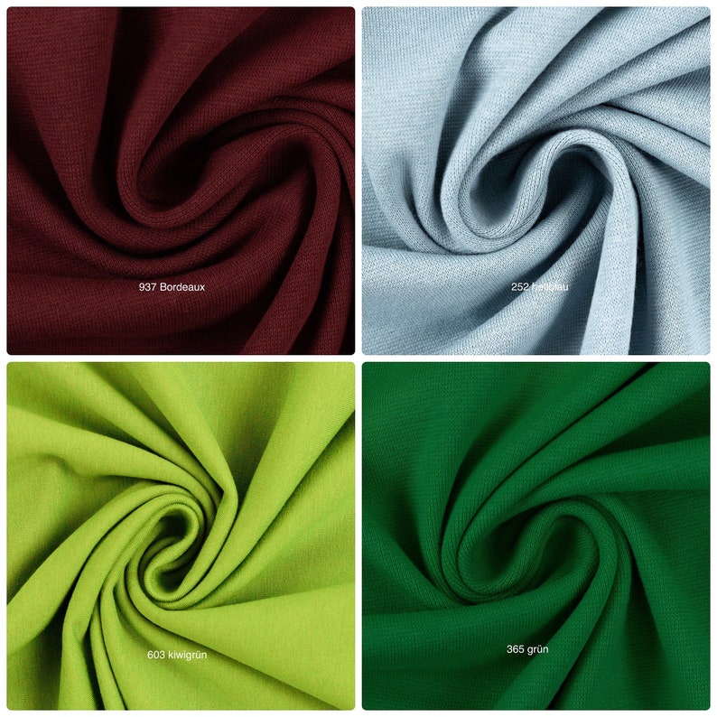 Puede incluir: Cuatro muestras de tela en diferentes colores: burdeos, azul claro, verde lima y verde bosque. Cada muestra est&aacute; doblada y retorcida para mostrar la textura de la tela. Las muestras est&aacute;n etiquetadas con sus c&oacute;digos de color y nombres correspondientes: 937 Burdeos, 252 hellblau, 603 kiwi gr&uuml;n y 365 gr&uuml;n.