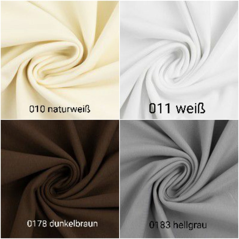 Puede incluir: Cuatro muestras de tela en diferentes colores: blanco natural, blanco, marr&oacute;n oscuro y gris claro. Cada muestra est&aacute; doblada en forma de curva.