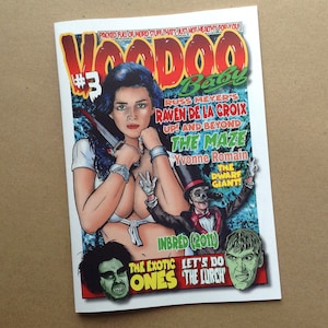 May include: A comic book cover with a red and white title "Voodoo Baby #3". The cover features a woman in a white top and a red skirt holding a knife. The cover also features a man in a top hat and a bow tie, and a man with green skin.
