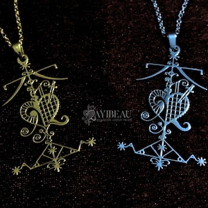 May include: Two pendant necklaces, one gold and one silver, with detailed, openwork designs. Each features a heart shape, geometric elements, and a chain. The background is a dark, textured surface.