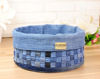 Bread basket Utensilo fabric basket Ø 22 cm made of jeans, Handmade Upcycling, blue - unique
