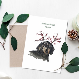 Lustige, Dackel, Dackel Weihnachtskarte/Grußkarte/süße Weihnachtskarte/handgemachte Karte/Welpen Haustier Portrait/Tiermalerei/Rentier