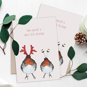 Cartão de Natal engraçado e festivo de Robins/Cartão de felicitações/Cartões de Natal fofos/Cartão de notas pintado à mão/Humor espirituoso/Ilustração de animais