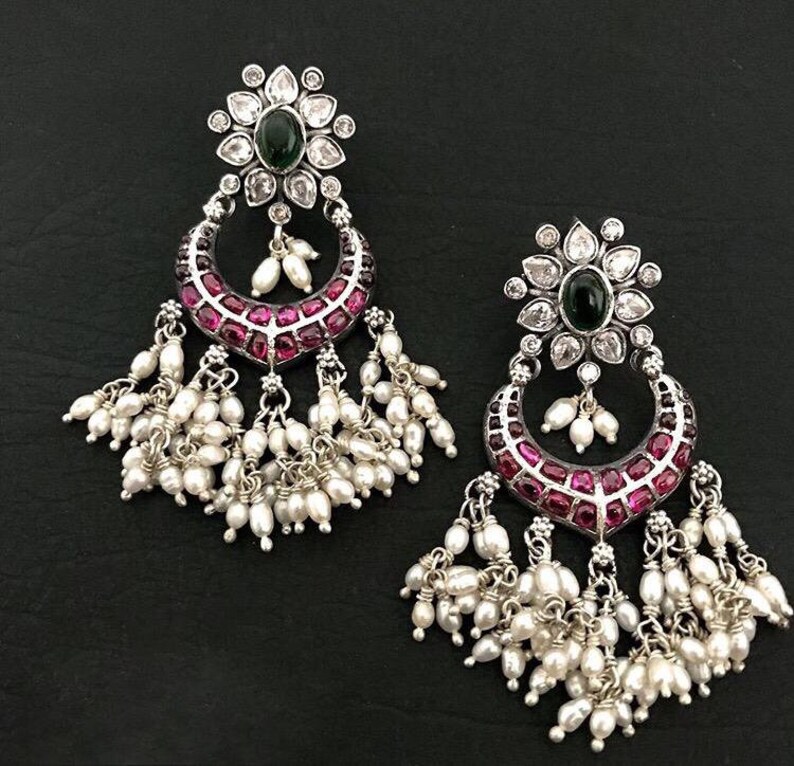 indian traditional jewelry silver kemp stone jewelry temple jewelry Pure silver earrings 925 silver jewelry