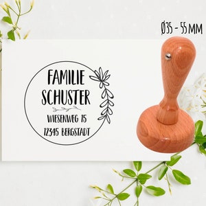 Adressstempel rund mit Wunschtext / florales Muster / Holzstempel mit Adresse
