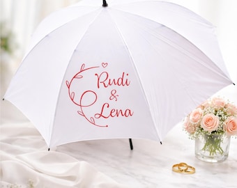 Regenschirm weiß mit Schriftzug / für Hochzeit oder Jungesellinnenabschied