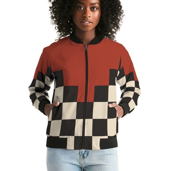 Women's Bomber Jacket Inca peru red and black checker peruvian design bold modern design peruvian inspired coat based on an ancient weaving