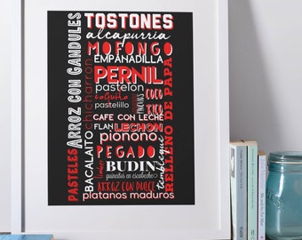 May include: A black and red word cloud with the words "Tostones", "Alcapurria", "Mofongo", "Empanadillas", "Pernil", "Pastelon", "Coquito", "Pastelillo", "Pinchos", "Coco", "Rico", "Cafe con Leche", "Flan", "Lechon", "Pionono", "Pegado", "Budin", "Quineitos en Escabeche", "Arroz con Dulce", "Platanos Maduros", "Tembleque", "Relleno de Papa", "Pasteles", "Arroz con Gandules", "Bacalaito", "Chicharron", "Limber" in a stylized font.