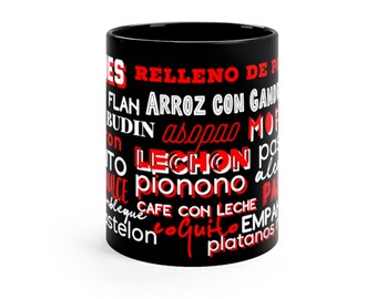 Puerto Rican Food Mug: Lechon, Flan, Coquito - Black 11oz Mug