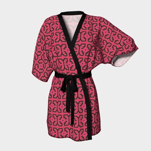 Red and Black Shipibo Kimono Robe, Silk Robe, Silk Kimono, Peruvian Jungle Design Tribal Shipibo Conibo Peru Rainforest Romantic Anniversary
