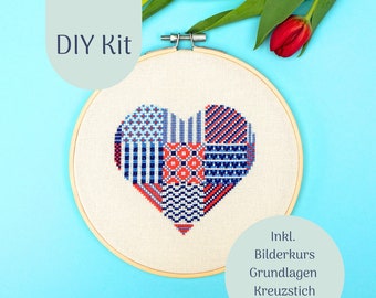 Cross Stich Kit "Patchworkheart in Blue" Modern Cross stitch Kit, Counted Cross Stitch Chart, Modern Embroidery, DIY Kit, xstitch Design