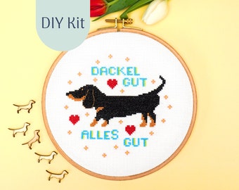 Cross Stich Kit "Dackel Gut-Alles Gut" Modern Cross stitch Kit, Counted Cross Stitch Chart, Modern Embroidery, DIY Kit, xstitch Design