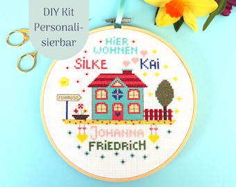 Personalized embroidery package "Hier Wohnen Wir", cross stitch set, individual embroidery set, DIY set, embroidered family picture