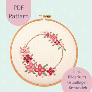 Embroidery pattern PDF &quot;Pink flower wreath&quot; Download template, DIY, digital file, embroidery picture cross stitch,