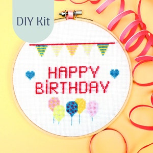 Cross Stich Kit &quot;Happy Birthday with Ballons&quot; Modern Cross stitch Kit, Counted Cross Stitch Chart, Modern Embroidery,DIY Kit, xstitch Design