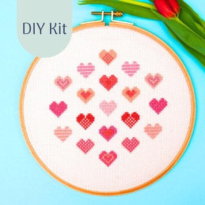 Cross Stich Kit &quot;Mix Of Pink Hearts&quot; Modern Cross stitch Kit, Counted Cross Stitch Chart, Modern Embroidery, DIY Kit, xstitch Design