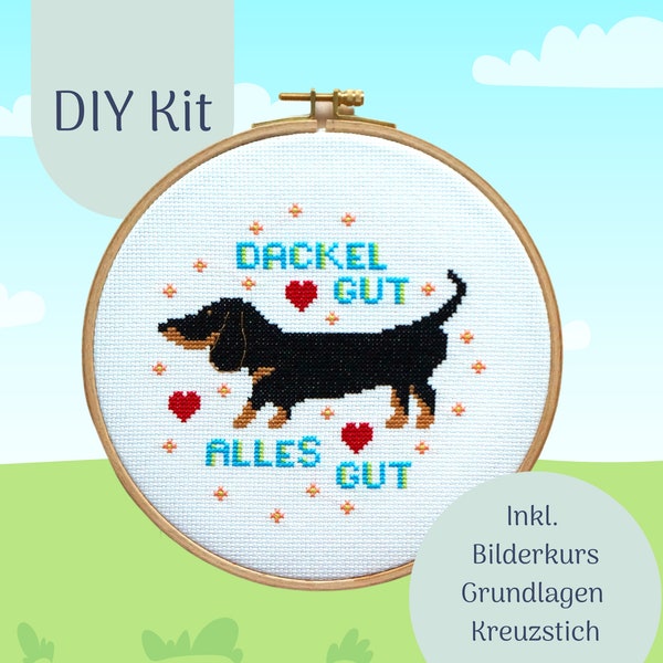 Cross Stich Kit "Dackel Gut-Alles Gut" Modern Cross stitch Kit, Counted Cross Stitch Chart, Modern Embroidery, DIY Kit, xstitch Design