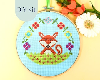 Cross Stich Kit "The Little Spring  Fox" Counted Cross Stitch Chart, Hoopart, xstitch Design, Modern Cross Stitch Kit, DIY Kit, Needlework,