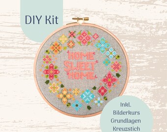 Cross Stich Kit "Blumenkranz" Modern Cross stitch Kit, Counted Cross Stitch Chart, Modern Embroidery, DIY Kit, xstitch Design