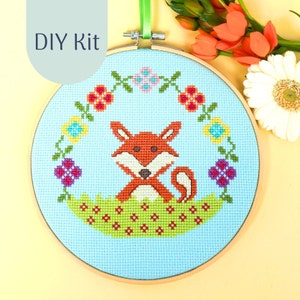 Cross Stich Kit &quot;The Little Spring  Fox&quot; Counted Cross Stitch Chart, Hoopart, xstitch Design, Modern Cross Stitch Kit, DIY Kit, Needlework,