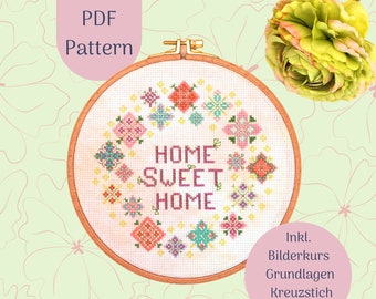 Stickvorlage PDF "Pastelliger Blumenkranz" Download Vorlage, DIY, Digitale Datei, Stickbild Kreuzstich