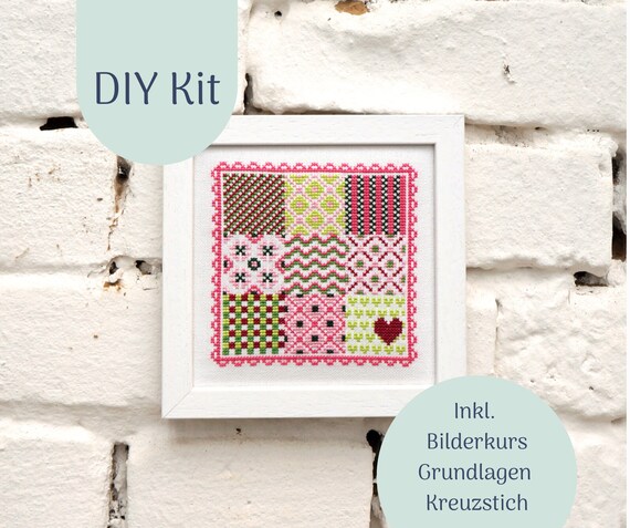 Stickset "Patchwork in Pink " Kreuzstichpackung, Moderner Kreuzstich, DIY Kit