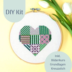 Cross Stich Kit &quot;Patchworkheart in Green&quot; Modern Cross stitch Kit, Counted Cross Stitch Chart, Modern Embroidery, DIY Kit, xstitch Design