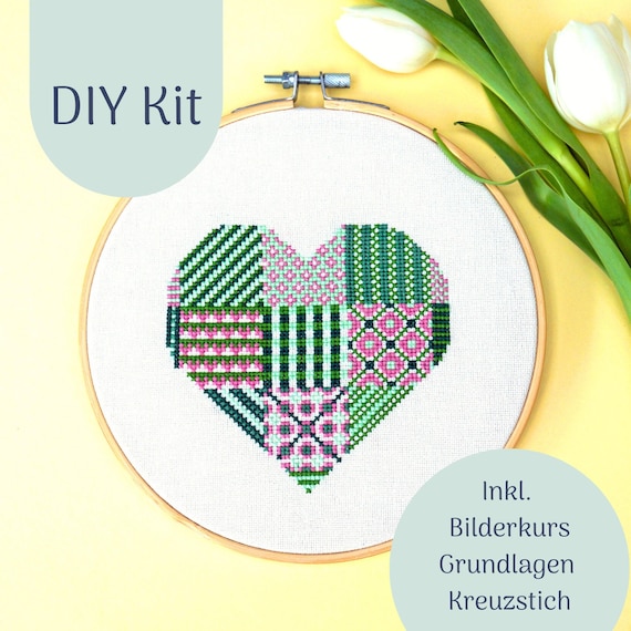 Stickset"Patchworkheart in Green" Kreuzstichpackung, DIY Kit