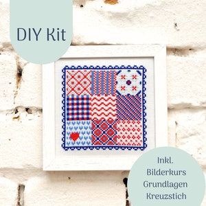 Cross Stich Kit &quot;Patchwork in Blue&quot; Counted Cross Stitch Chart, Modern Cross Stitch, xstitch Design, Cross Stitch Pattern, DIY Kit