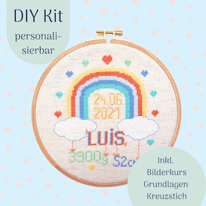Embroidery Kit &quot;Regenbogen&quot; Personalized Embroidery Template for Boys, Baby, DIY Kit, Embroidery Template Cross Stitch, Baby Gift