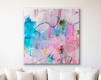Pintura abstracta azul y rosa, descarga digital rosa, arte de pared rosa suave, arte imprimible Pastel Wall Art Print