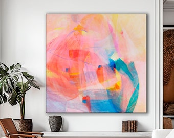 Colorful abstract art print, coral pink and blue wall art, PRINTED and SHIPPED canvas print, vibrant abstract painting