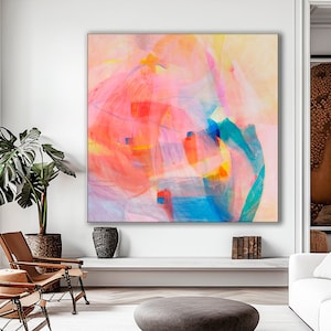 Colorful abstract art print, coral pink and blue wall art, PRINTED and SHIPPED canvas print, vibrant abstract painting