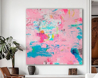 Pink Abstract Painting: Teal Wall Art (Digital Download)