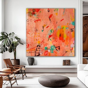Bright wall art, orange abstract painting print, PRINTED and SHIPPED, vibrant coral orange abstract art print, large abstract art