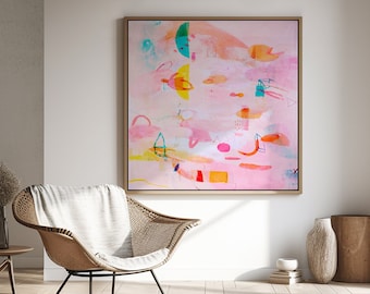 Zachtroze abstracte kunstdruk: groot kleurrijk schilderij