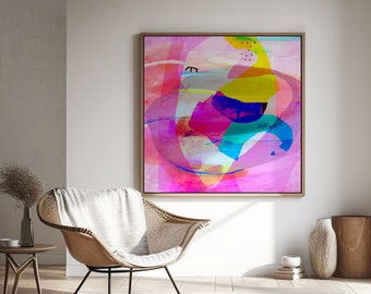 May include: Abstract art print with a pink background and colorful shapes. The print is framed in a natural wood frame and is hanging on a white wall.