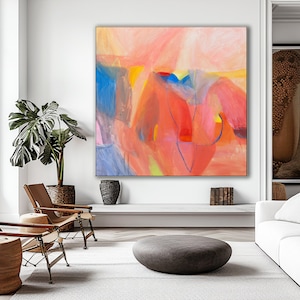 Colorful abstract painting print, coral pink wall art, blue and pink abstract print, PRINTED and SHIPPED, orange abstract art print