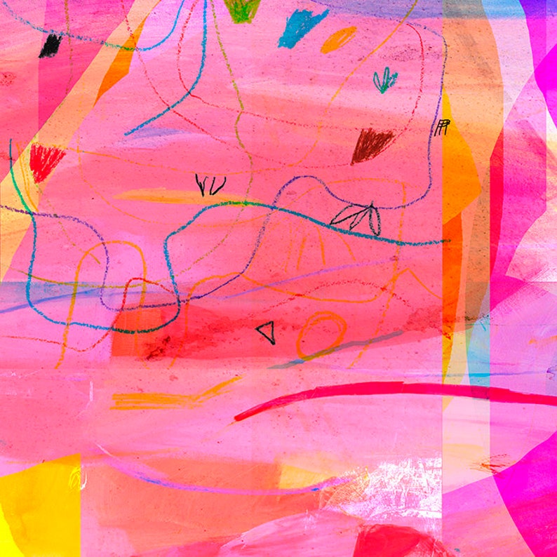 May include: Abstract painting with a pink background and colorful lines, shapes, and scribbles. The painting has a playful and whimsical feel.