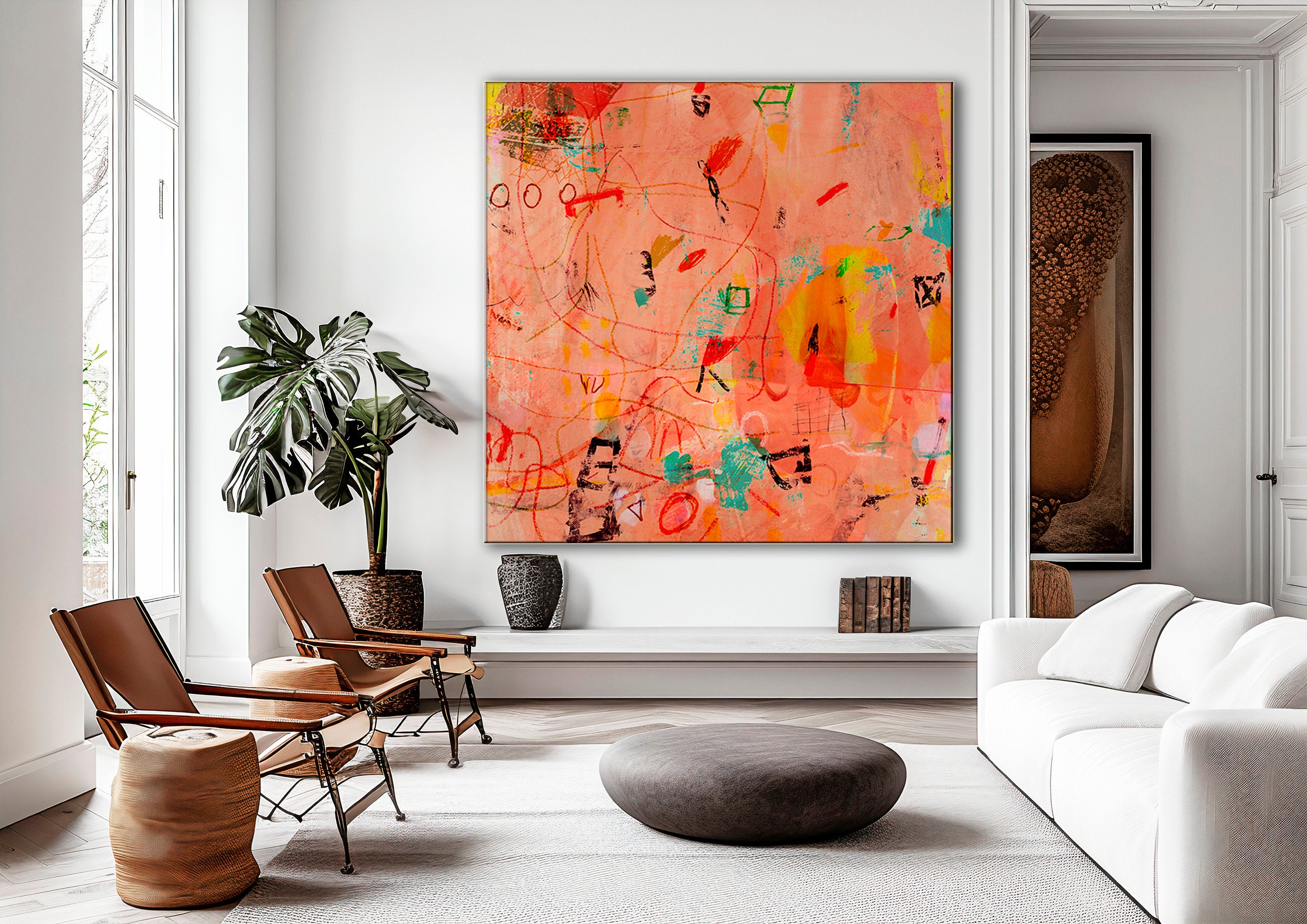 Orange abstrakte Malerei, Bunt Digitaler Download, Koralle Wandkunst, Helle Wand Kunst, druckbare Kunst