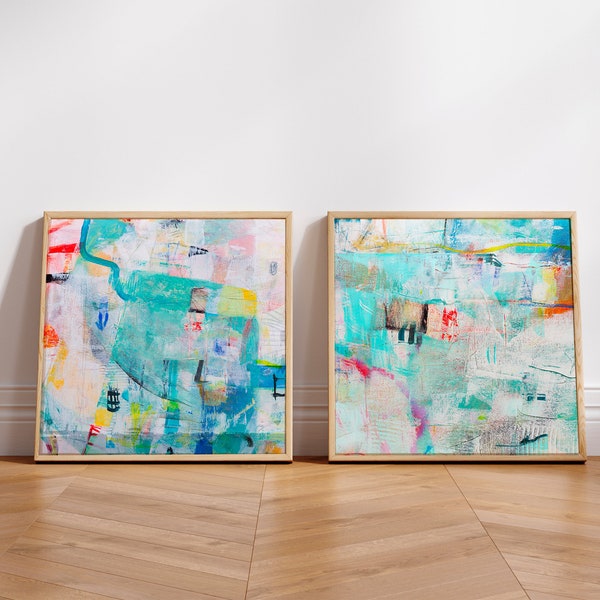 Set of two prints instant download, colorful abstract painting, vibrant printable art, teal aqua digital download