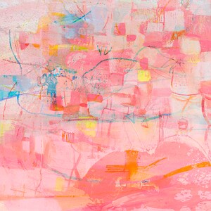 May include: Abstract painting with a pink background and colorful brushstrokes. The painting features a variety of shapes and lines, creating a dynamic and energetic composition.