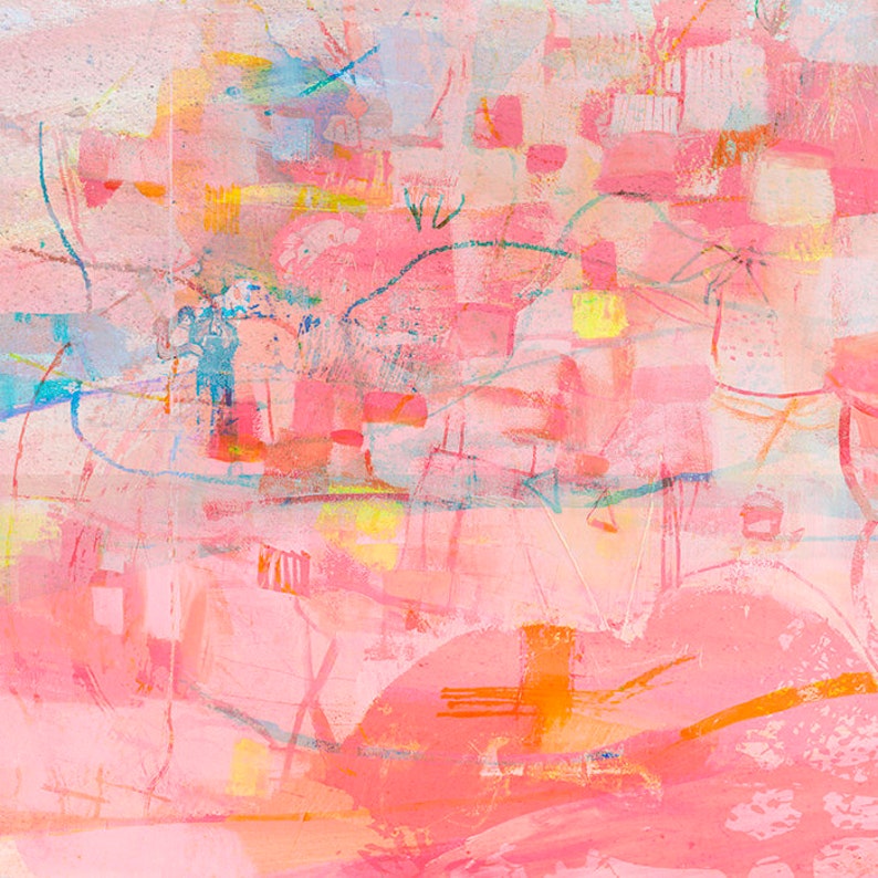 May include: Abstract painting with a pink background and colorful brushstrokes. The painting features a variety of shapes and lines, creating a dynamic and energetic composition.