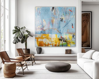 Lámina abstracta en azul y amarillo: Decoración moderna para el hogar (descarga digital)