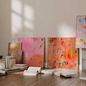 Set of three prints instant download, gallery set of 3 pink and orange abstract painting, printable art, boho wall art