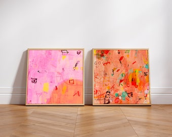 Abstracte kunstafdrukken: roze en oranje boho-muurdecoratie (digitale download)