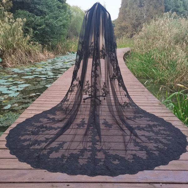 Black Wedding Veil Cathedral Length Veil Single Veil Lace Bridal Veil One Layer Tulle Veil Lace Trim Wedding Veil