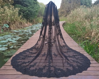 Black Wedding Veil Cathedral Length Veil Single Veil Lace Bridal Veil One Layer Tulle Veil Lace Trim Wedding Veil