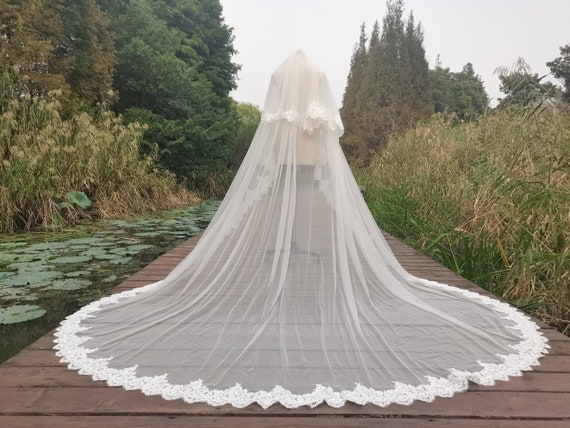 Comb New 3 M Length Ivory White Cathedral Lace Edge Bride Wedding Bridal Veil 