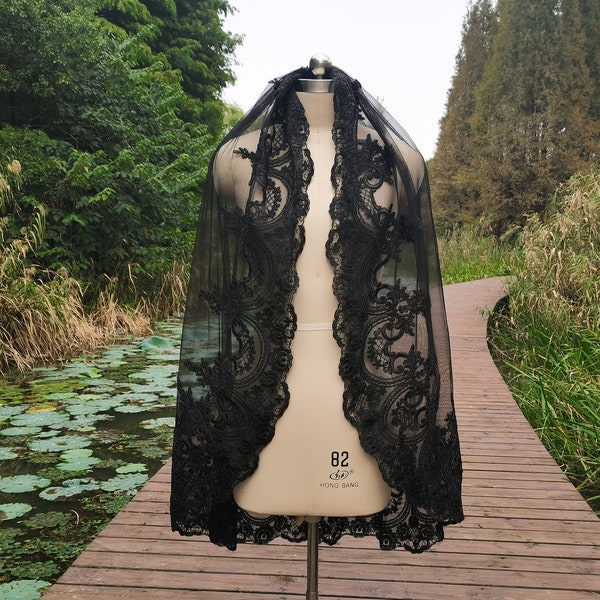 Wedding Lace Veil One Layer Black Lace Bridal Veil Black Fingertip Veil Bridal Wedding Lace Applique Veil